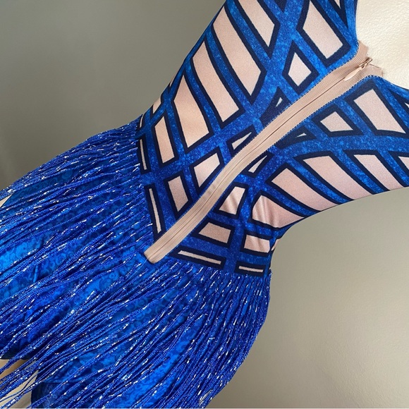 Royal Blue Tassel Glisten Rhinestones Unique Tan Bodysuit: One Size - Picture 7 of 9